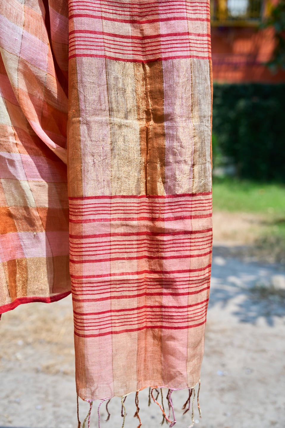checkered; red; yellow; gold linen Handwoven Linen Saree - Sunset Checks in Gold & Rose by Label A