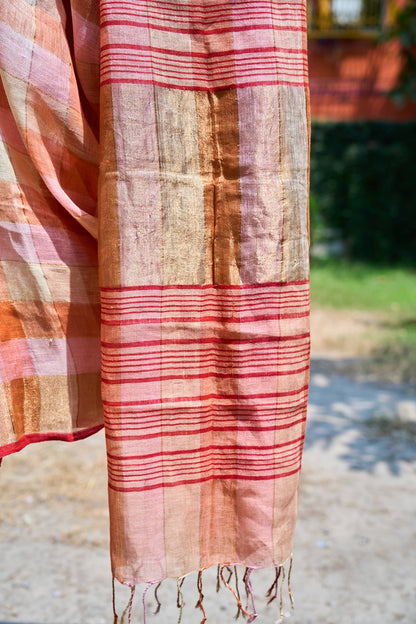checkered; red; yellow; gold linen Handwoven Linen Saree - Sunset Checks in Gold & Rose by Label A