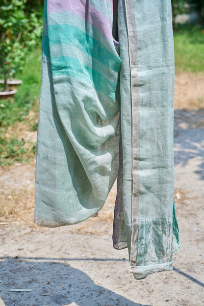 multicolor; striped; green; pink linen Handwoven Linen Saree - Seafoam & Lilac Ombre by Label A