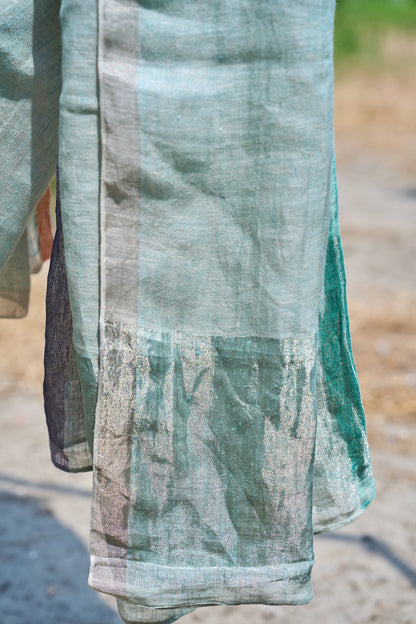 multicolor; striped; green; pink linen Handwoven Linen Saree - Seafoam & Lilac Ombre by Label A