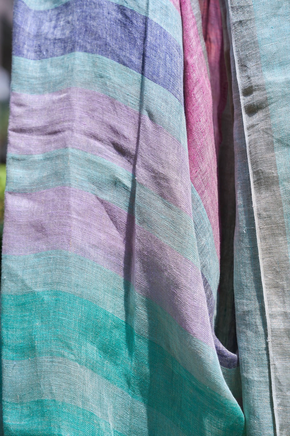 multicolor; striped; green; pink linen Handwoven Linen Saree - Seafoam & Lilac Ombre by Label A