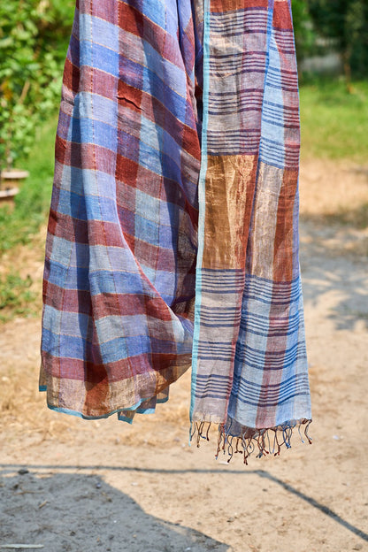 multicolor; striped; navy; beige; rose-gold; blue linen Handwoven Linen Saree - Indigo & Maroon Checks with Zari Pallu by Lab