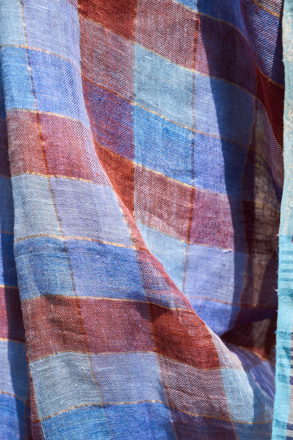 multicolor; striped; navy; beige; rose-gold; blue linen Handwoven Linen Saree - Indigo & Maroon Checks with Zari Pallu by Lab