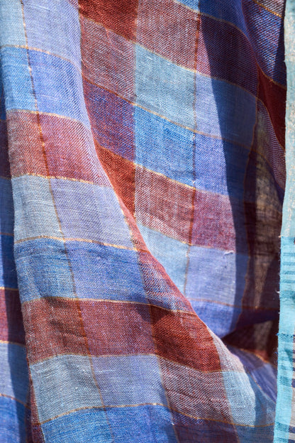 multicolor; striped; navy; beige; rose-gold; blue linen Handwoven Linen Saree - Indigo & Maroon Checks with Zari Pallu by Lab
