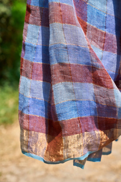 multicolor; striped; navy; beige; rose-gold; blue linen Handwoven Linen Saree - Indigo & Maroon Checks with Zari Pallu by Lab