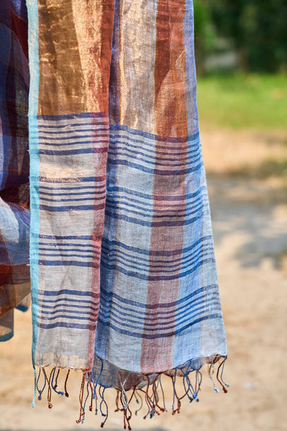 multicolor; striped; navy; beige; rose-gold; blue linen Handwoven Linen Saree - Indigo & Maroon Checks with Zari Pallu by Lab