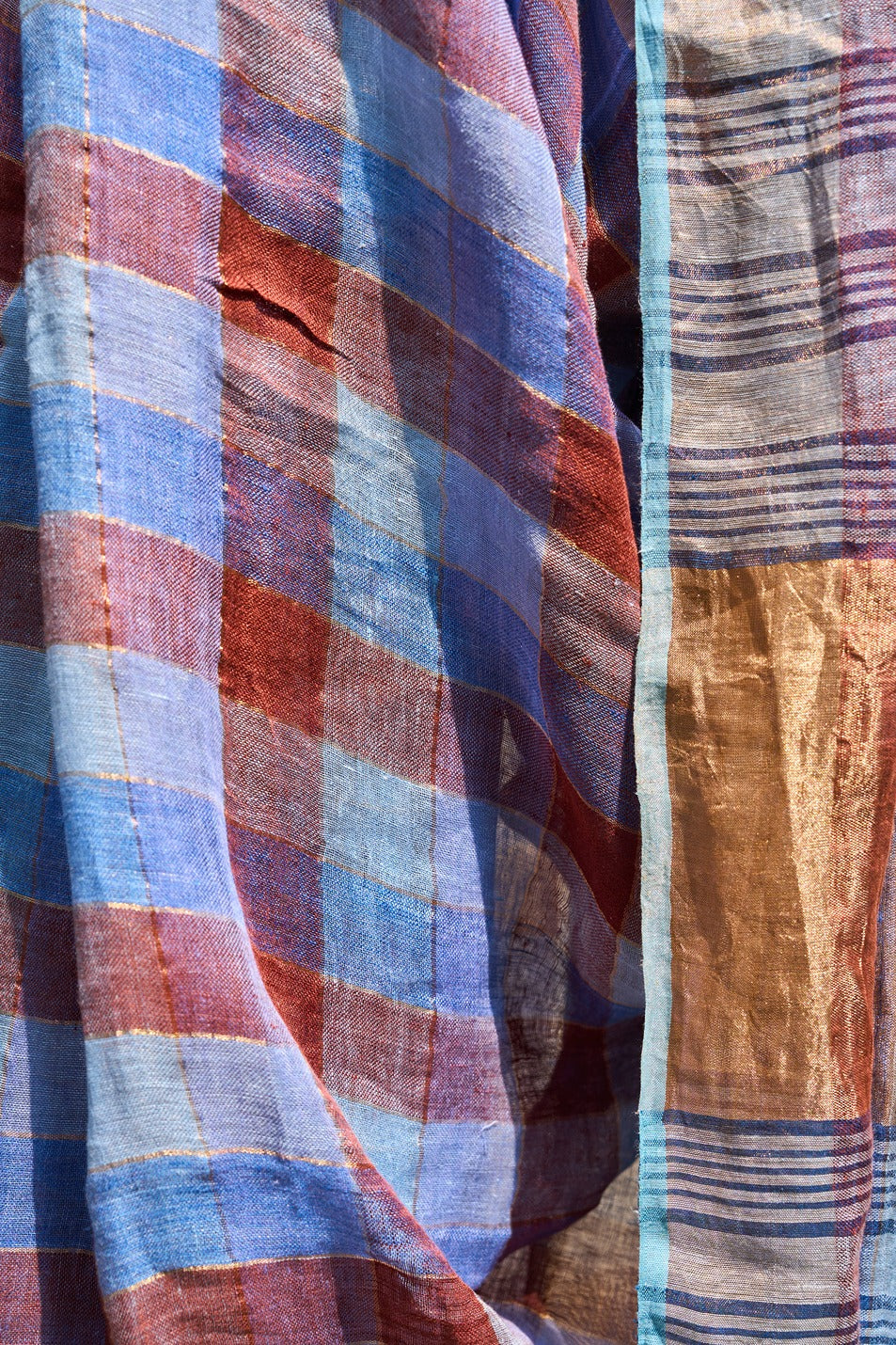 multicolor; striped; navy; beige; rose-gold; blue linen Handwoven Linen Saree - Indigo & Maroon Checks with Zari Pallu by Lab