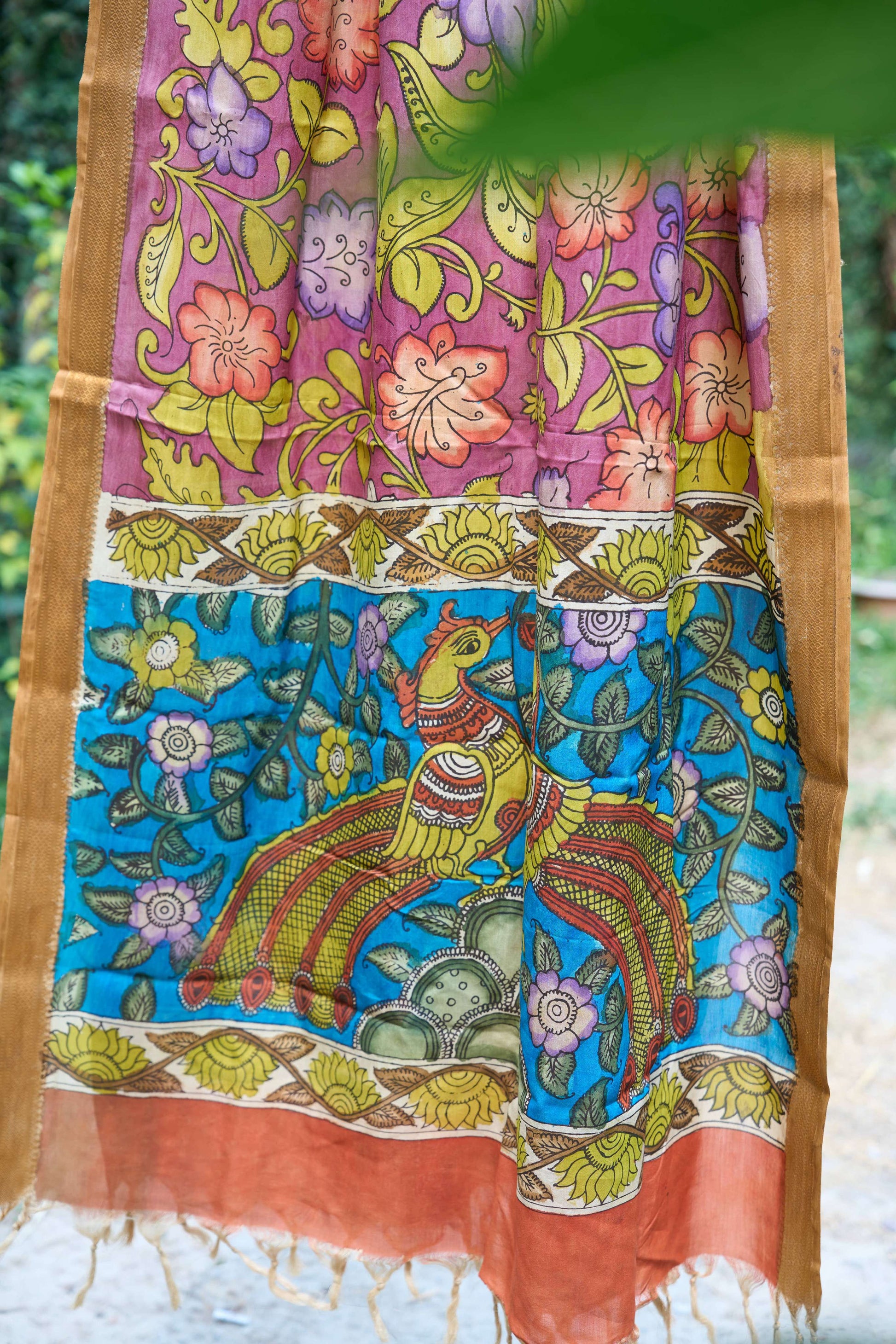 beige; pink silk Pink Handcrafted Maheshwari Silk Dupatta with Kalamkari Work - Earth Tones by Label A