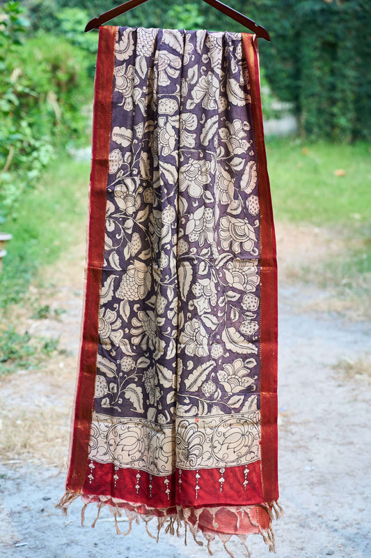 floral; multicolor; gray; brown; red silk Maroon-black  Maheshwari Silk Dupatta with Kalamkari Work - Twilight Whispers by La