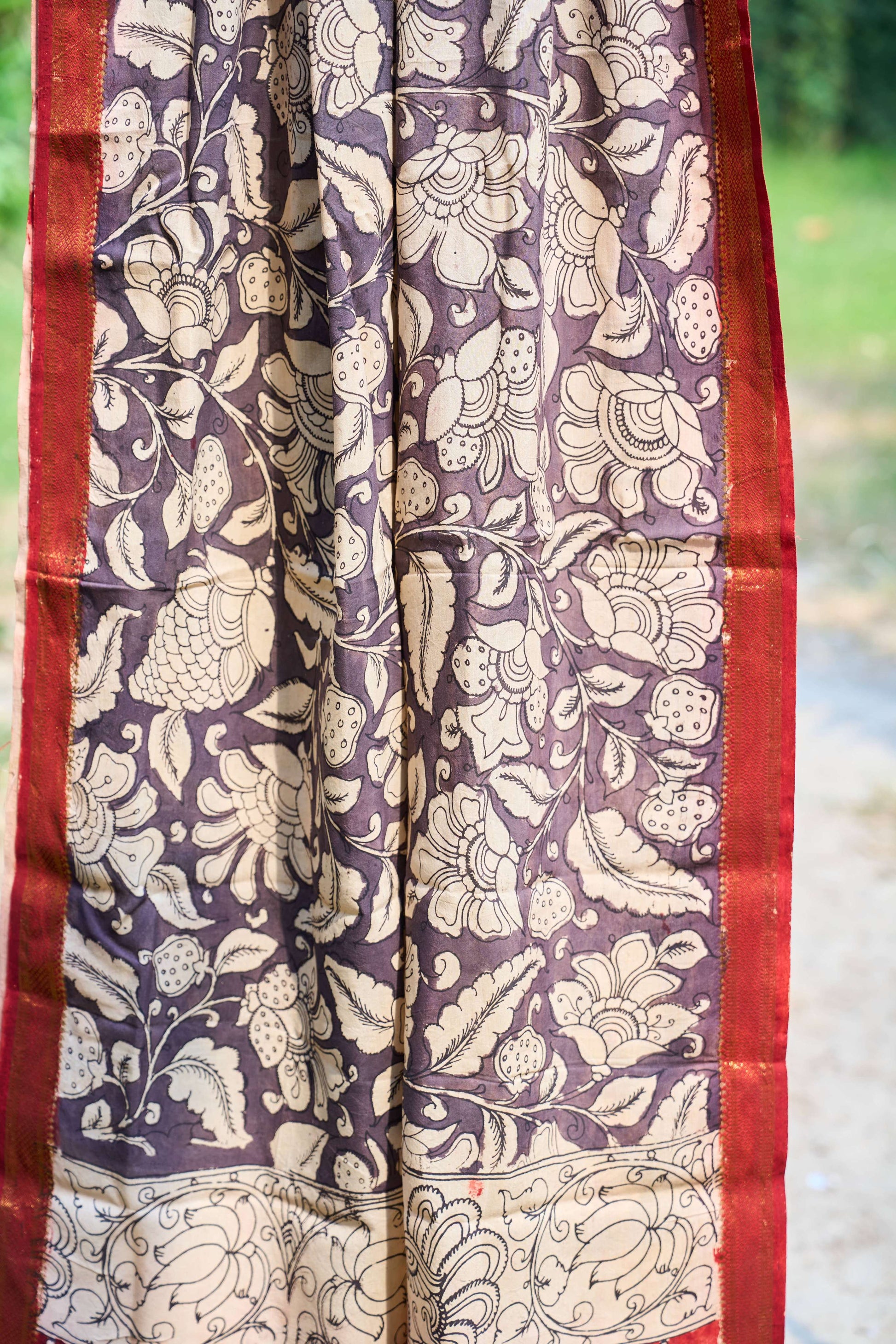 floral; multicolor; gray; brown; red silk Maroon-black  Maheshwari Silk Dupatta with Kalamkari Work - Twilight Whispers by La