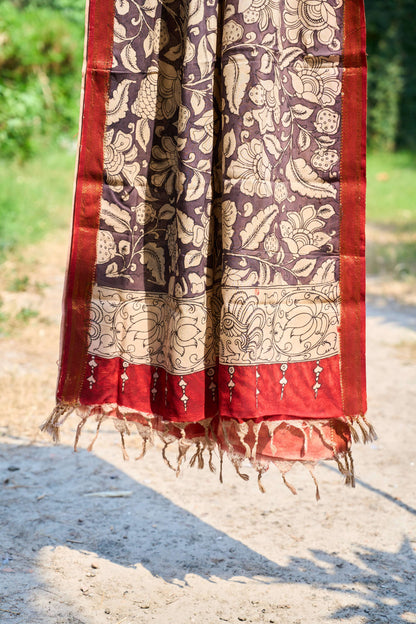 floral; multicolor; gray; brown; red silk Maroon-black  Maheshwari Silk Dupatta with Kalamkari Work - Twilight Whispers by La