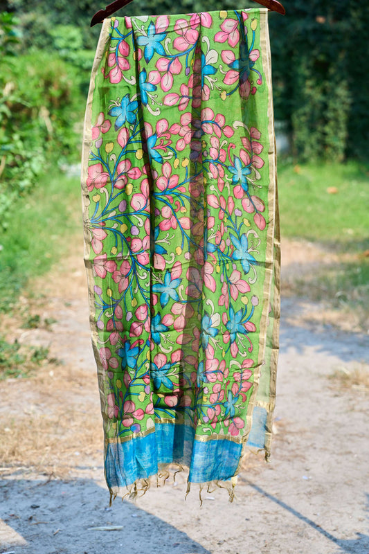 floral; multicolor; green silk Green Chanderi Silk Dupatta with Kalamkari Detailing - Green Harmony by Label A