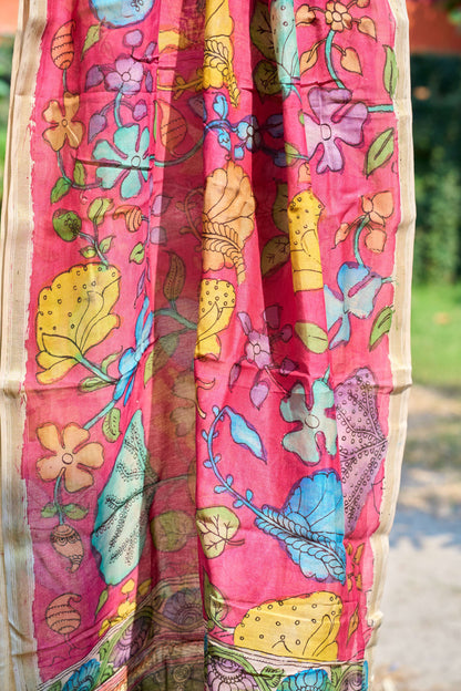 floral; multicolor; pink silk Fuchsia Pink Chanderi Silk Dupatta with Kalamkari Work - Sunset Hues by Label A