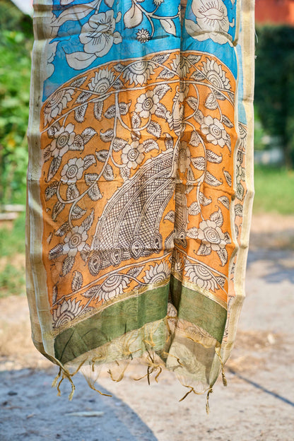 floral; multicolor; brown; gold; yellow; blue silk Sky Blue & Mustard Chanderi Silk Dupatta with Kalamkari Work - Floral Harm