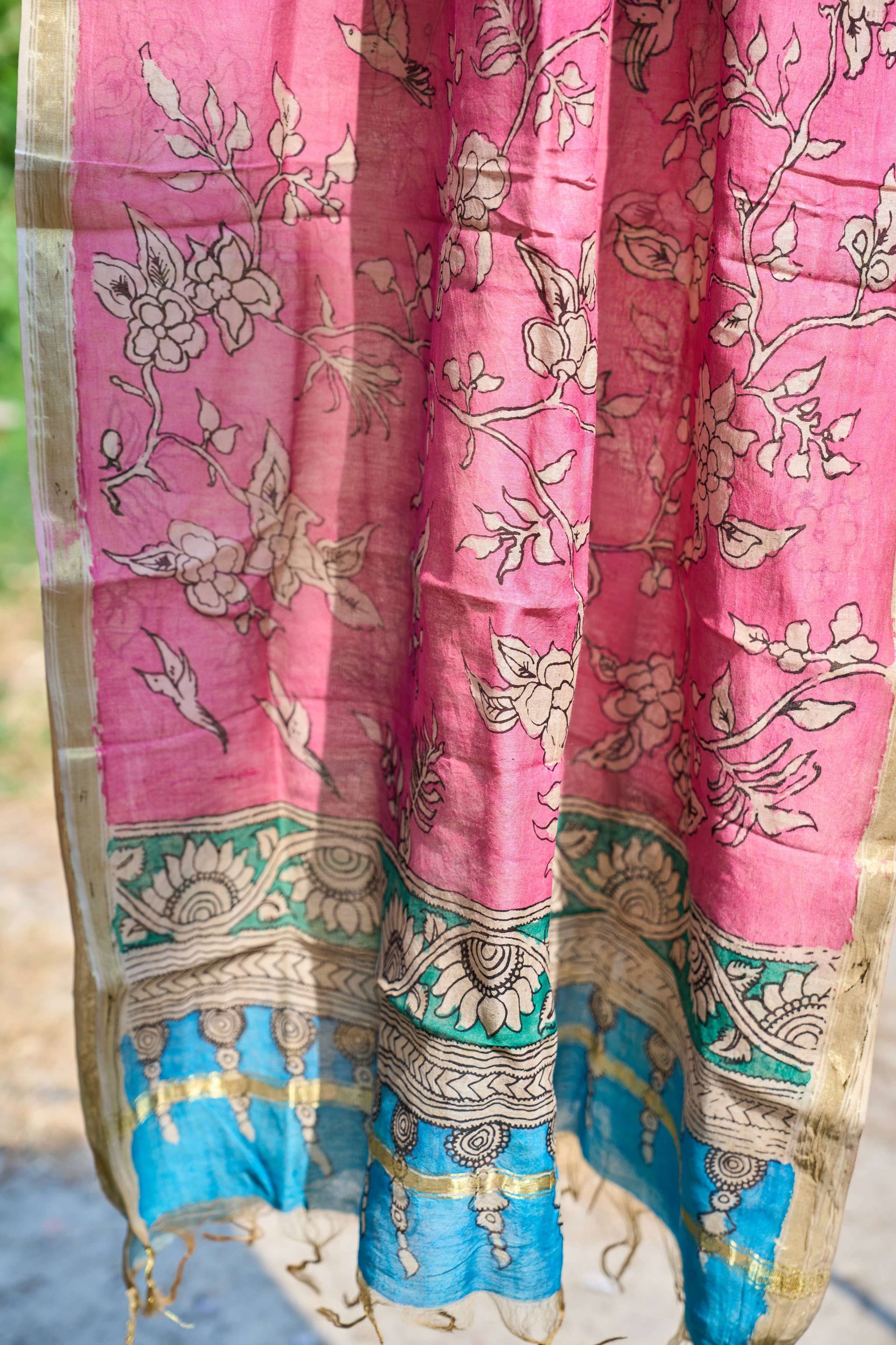 multicolor; gold; blue; pink; floral silk Baby Pink Chanderi Silk Dupatta with Kalamkari Work - Blossom Reverie by Label A