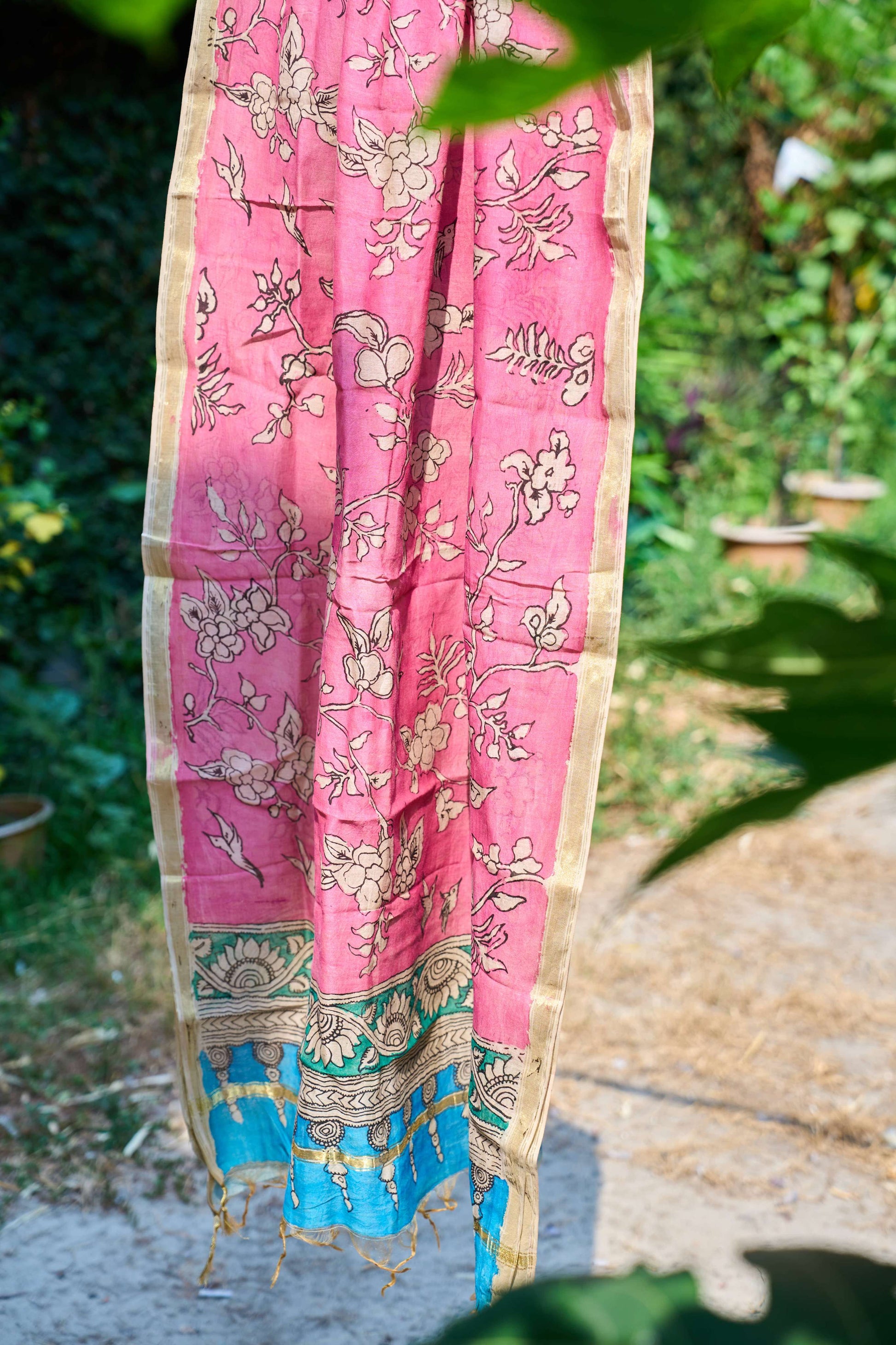multicolor; gold; blue; pink; floral silk Baby Pink Chanderi Silk Dupatta with Kalamkari Work - Blossom Reverie by Label A