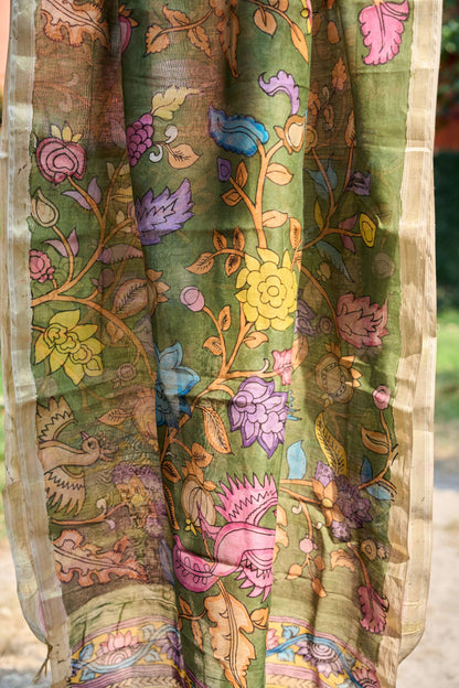 multicolor; gold; floral; green silk Olive Green Chanderi Silk Dupatta with Bird Kalamkari - Peacock Garden by Label A