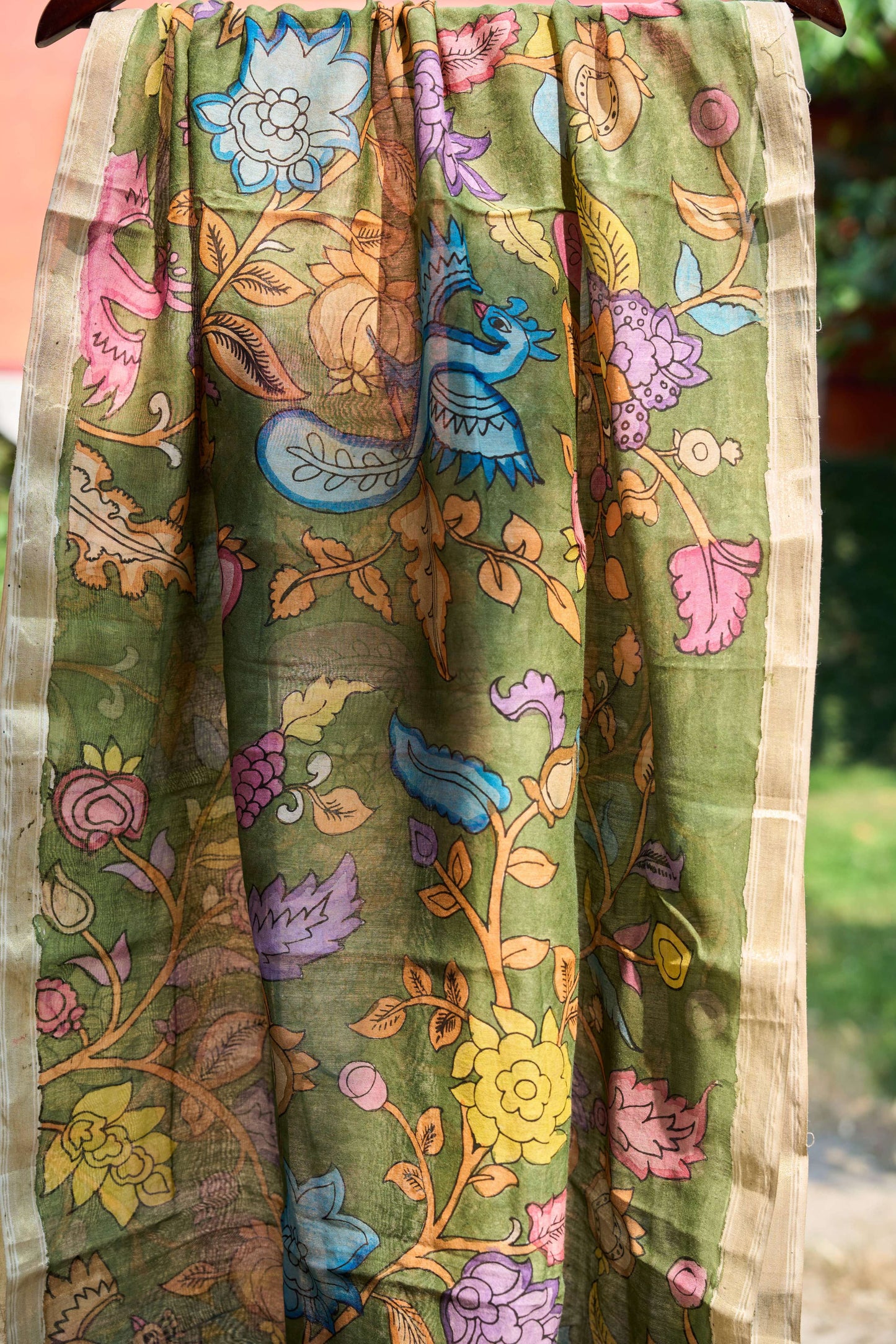 multicolor; gold; floral; green silk Olive Green Chanderi Silk Dupatta with Bird Kalamkari - Peacock Garden by Label A