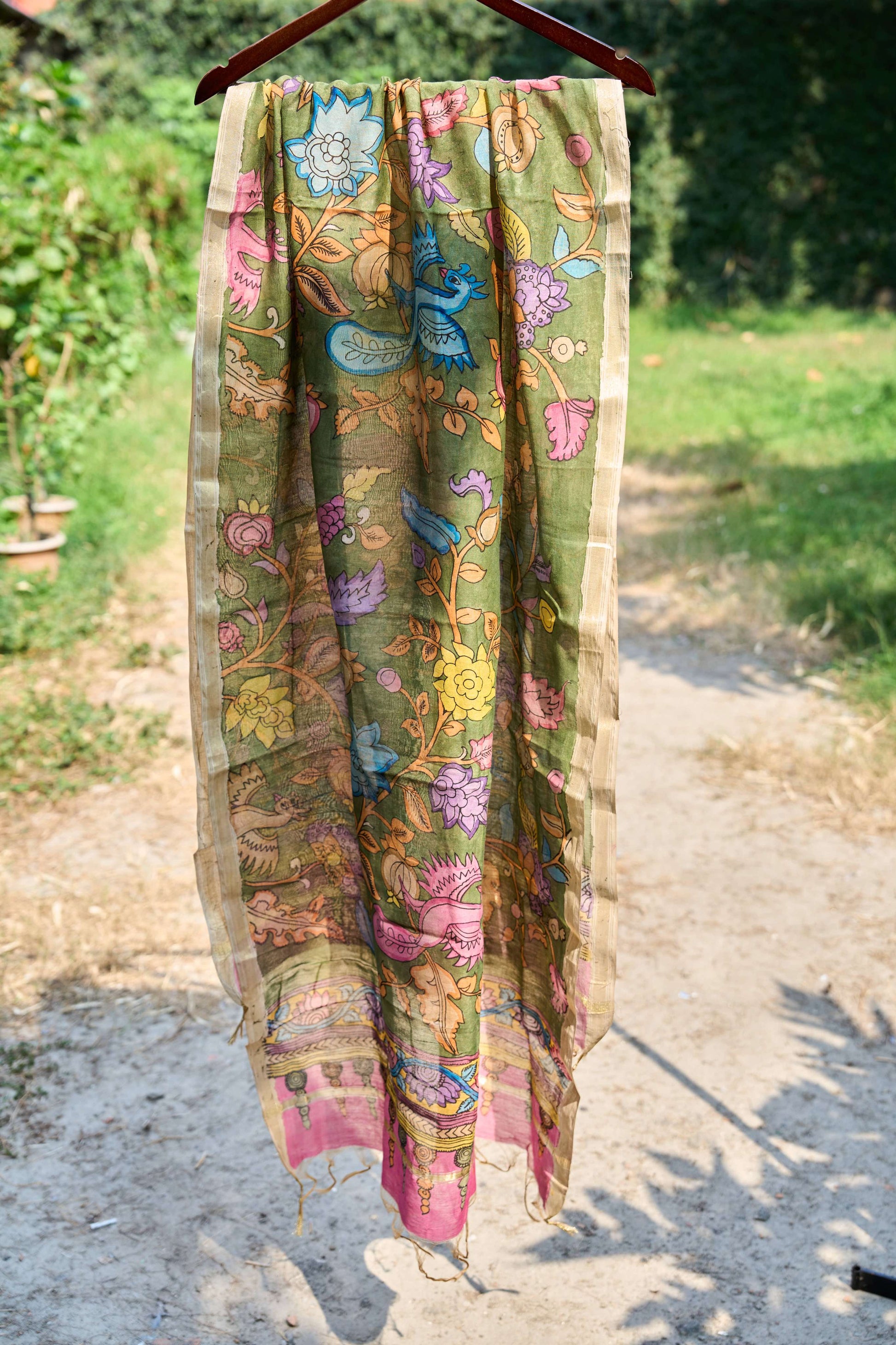 multicolor; gold; floral; green silk Olive Green Chanderi Silk Dupatta with Bird Kalamkari - Peacock Garden by Label A