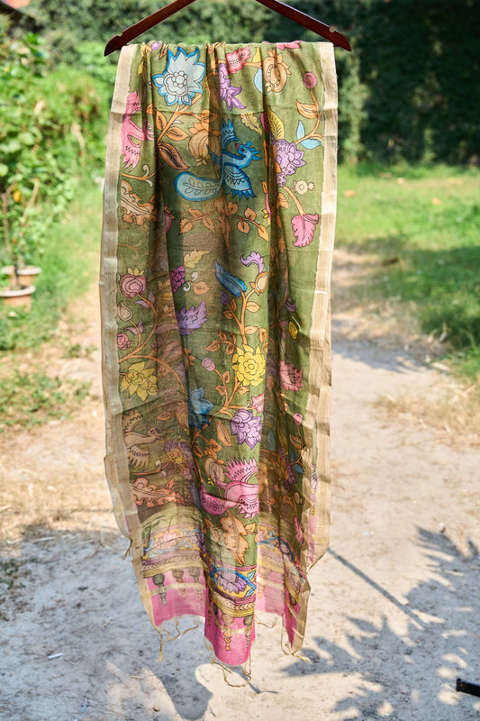 multicolor; gold; floral; green silk Olive Green Chanderi Silk Dupatta with Bird Kalamkari - Peacock Garden by Label A