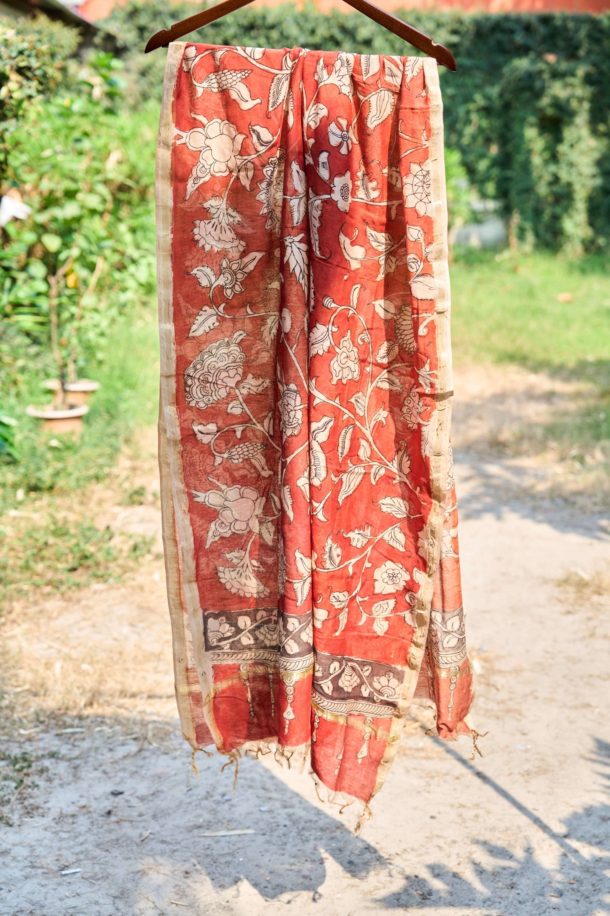 multicolor; gold; floral; bronze; red silk Rust Red Chanderi Silk Dupatta with Floral Kalamkari - Rustic Blossom by Label A