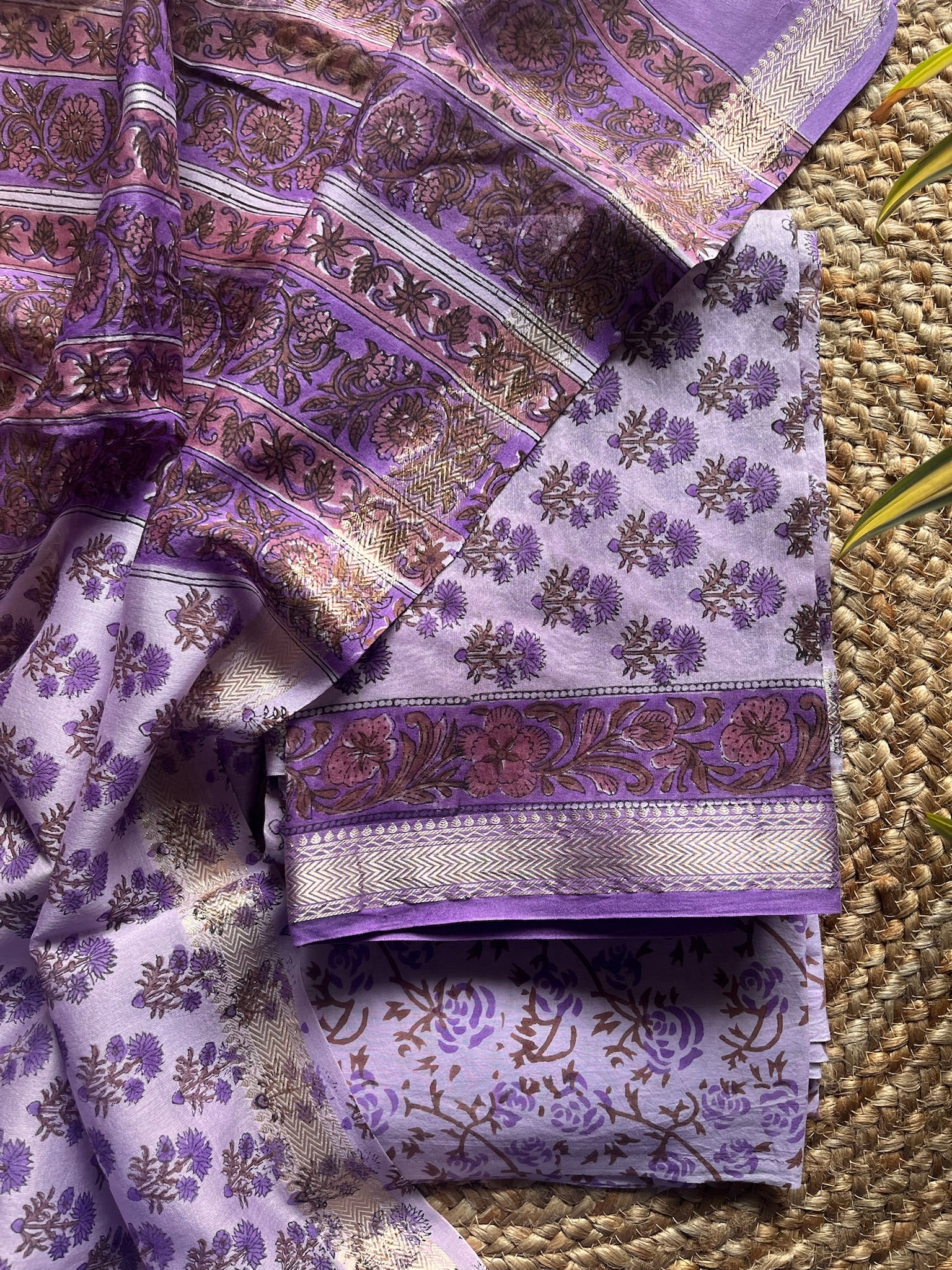 floral silk; cotton Naimisha - Lavender Floral Bagru Printed Maheshwari Silk Suit Set by Label A