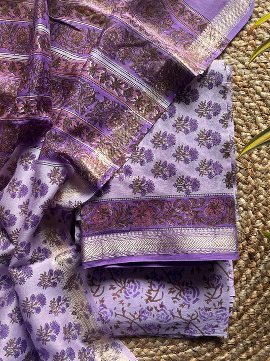 floral silk; cotton Naimisha - Lavender Floral Bagru Printed Maheshwari Silk Suit Set by Label A