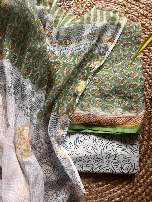 green; floral cotton Vrinda - Bagru Kota Doria & Cotton Three-Piece Suit Set by Label A