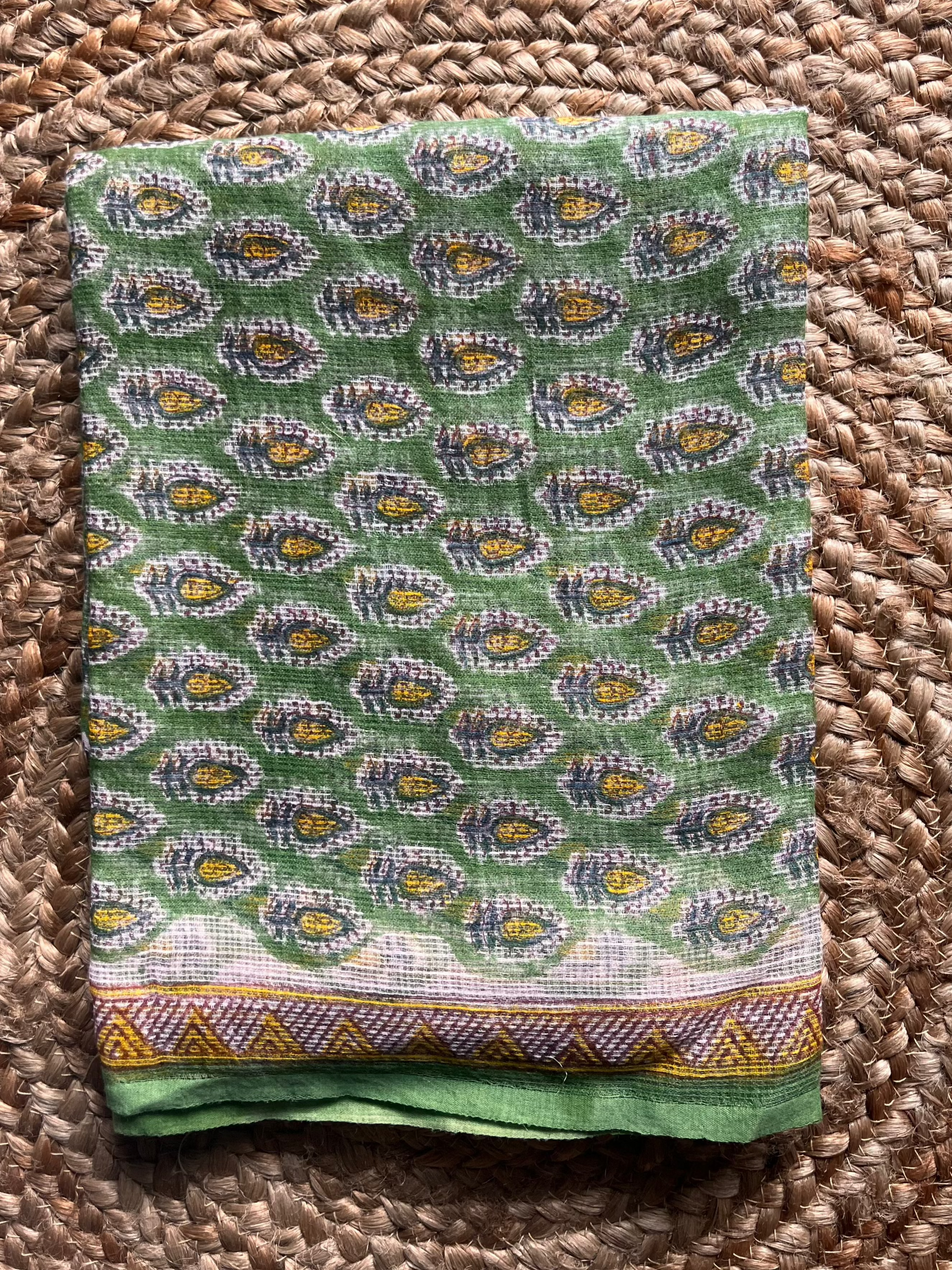 green; floral cotton Vrinda - Bagru Kota Doria & Cotton Three-Piece Suit Set by Label A