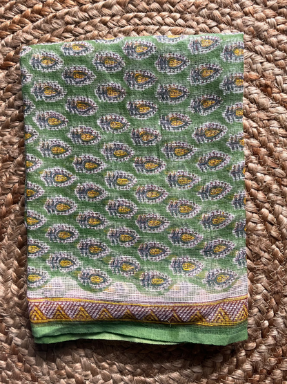 green; floral cotton Vrinda - Bagru Kota Doria & Cotton Three-Piece Suit Set by Label A