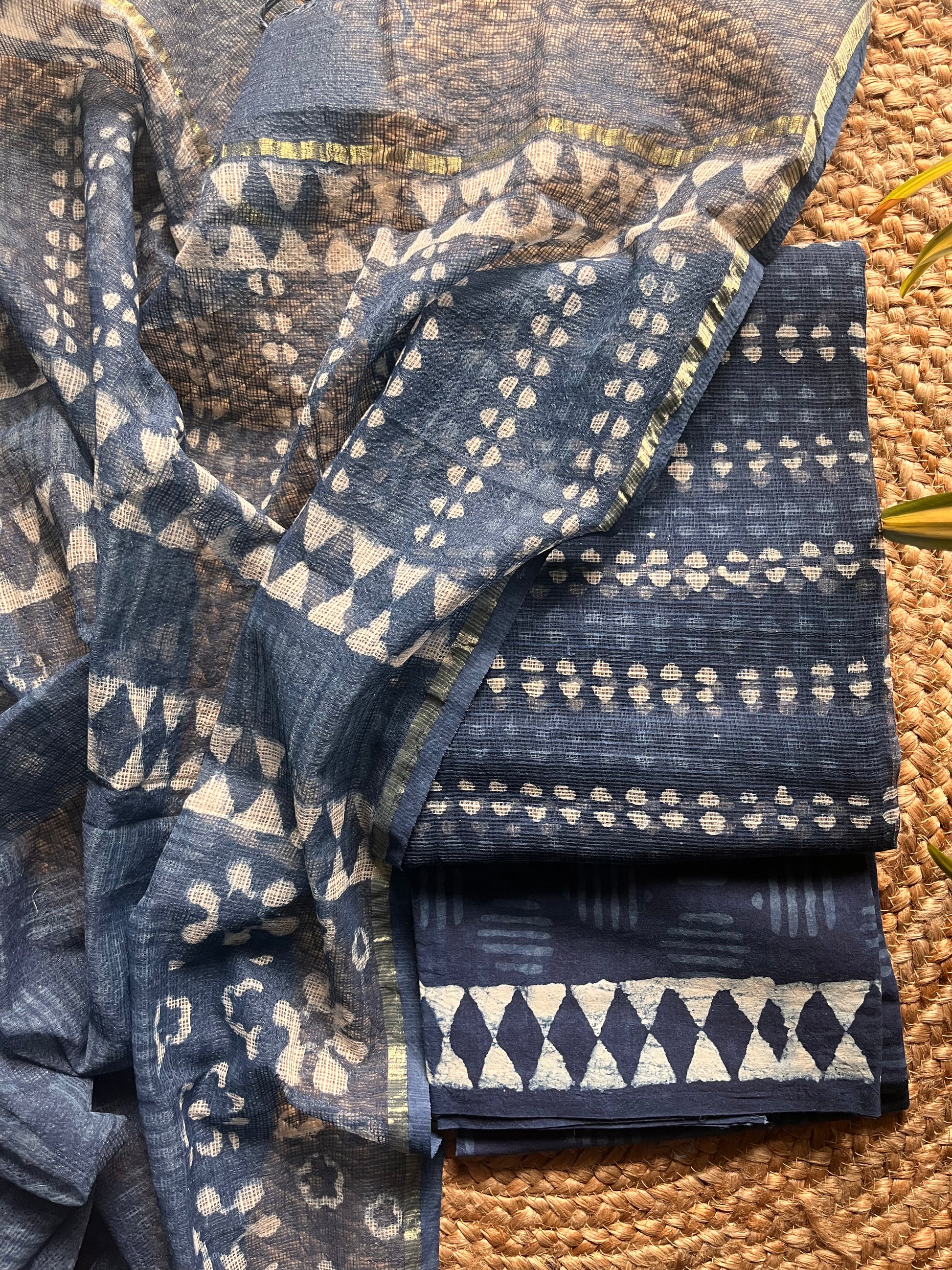 floral; dots; blue cotton Neelima - Indigo Kota Doria & Cotton Handblock Suit Set by Label A