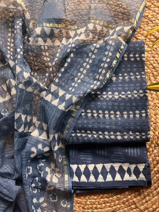 floral; dots; blue cotton Neelima - Indigo Kota Doria & Cotton Handblock Suit Set by Label A