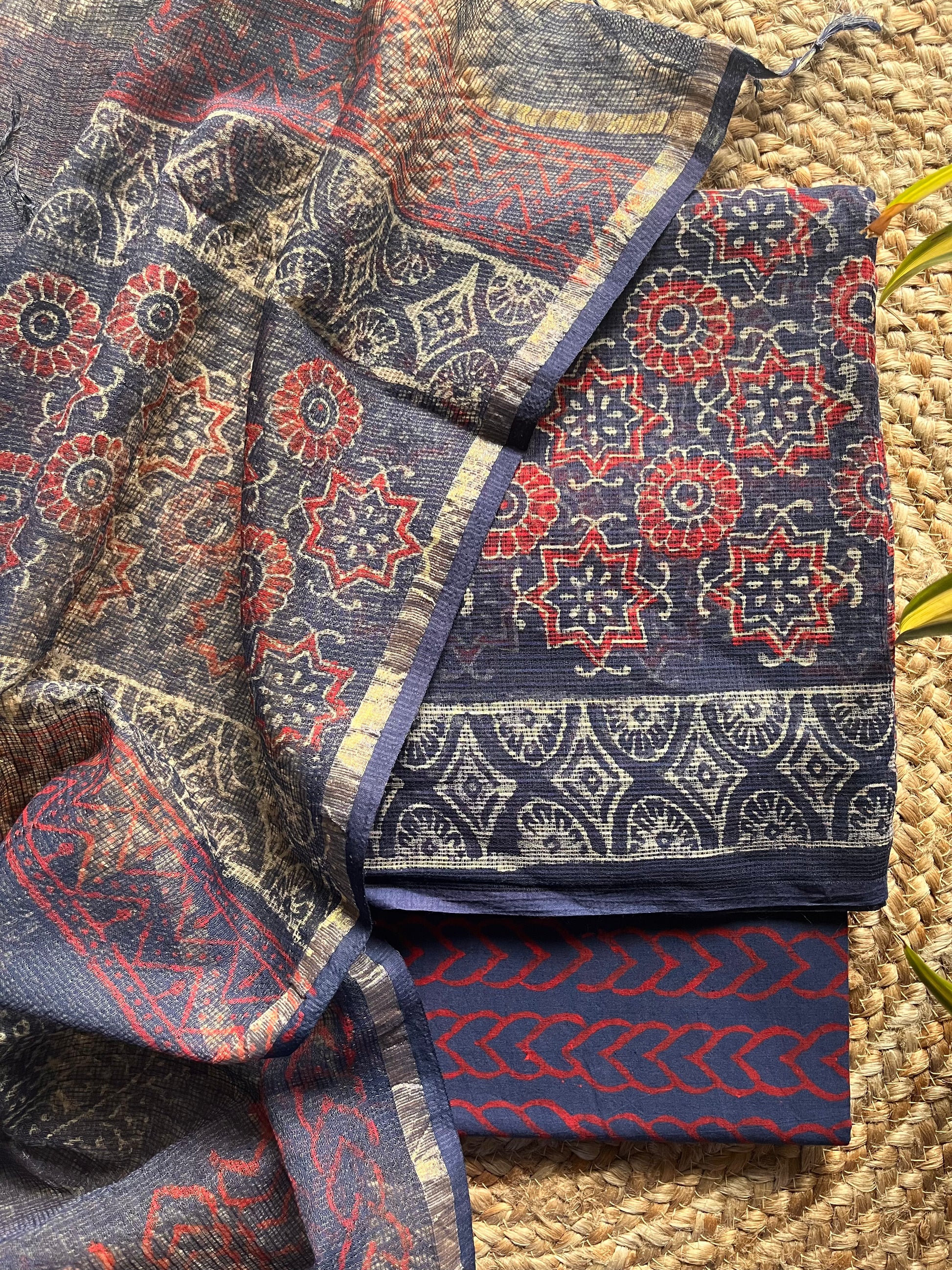 floral; dots; navy; geometric; red; blue cotton Taru - Red & Indigo Bagru Printed Kota Cotton Suit Set by Label A