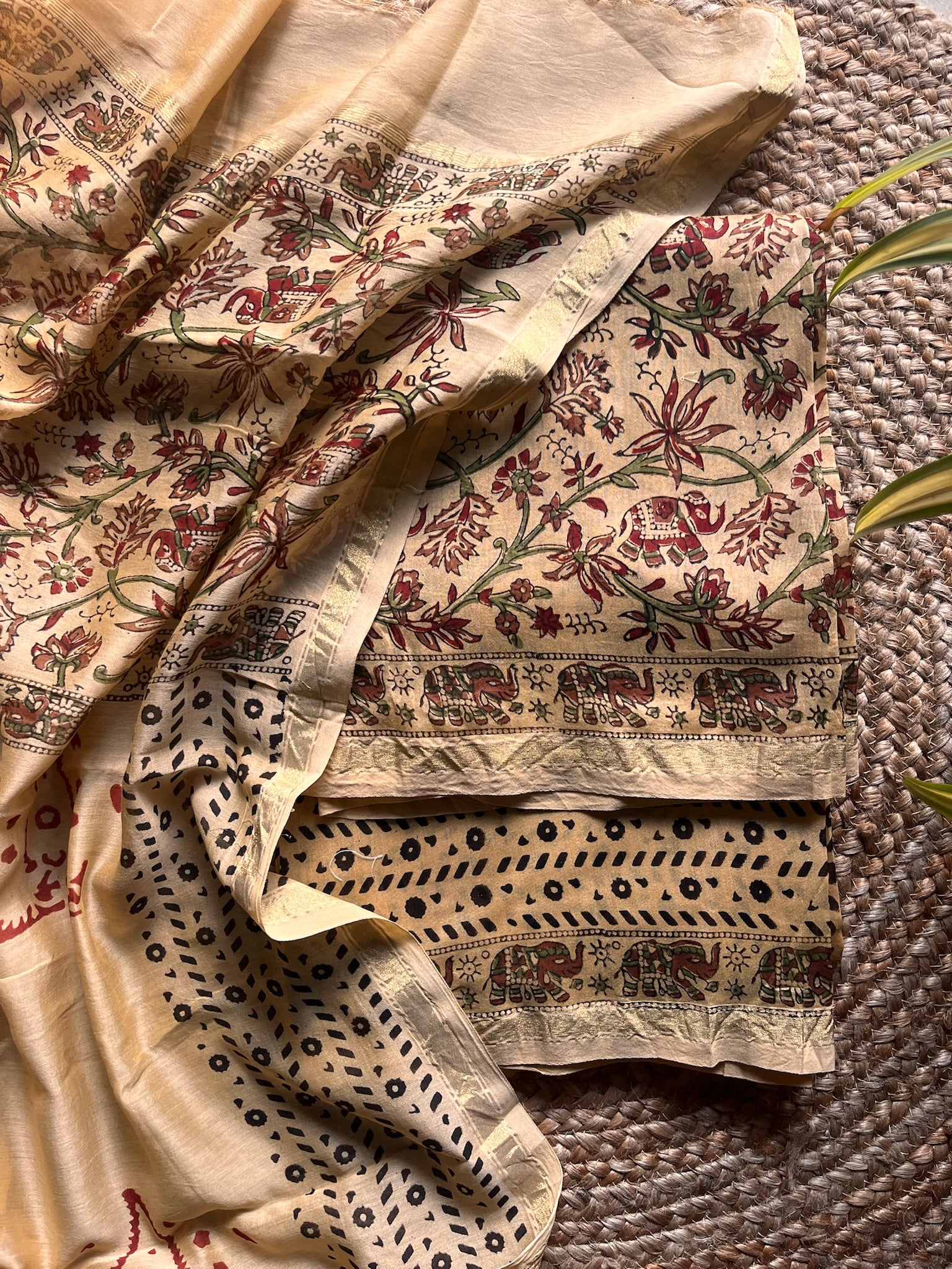 floral silk; cotton Neelima - Beige & Maroon Kalamkari Handblock Chanderi Silk Suit by Label A
