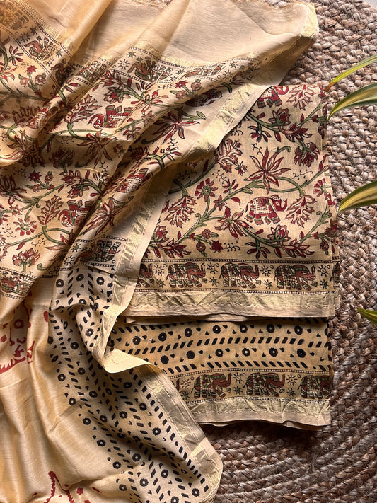 floral silk; cotton Neelima - Beige & Maroon Kalamkari Handblock Chanderi Silk Suit by Label A