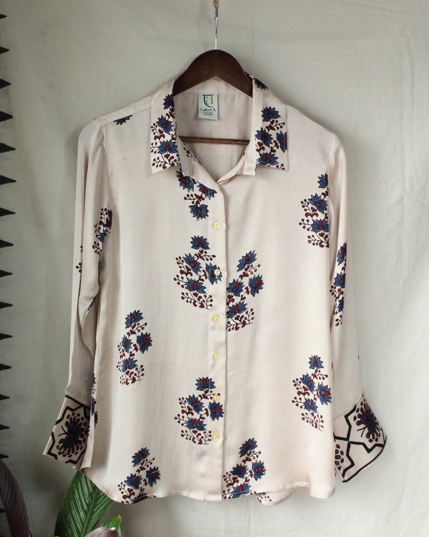 Ajrakh hand-block print Aarini - White Modal Silk Shirt by LabelA