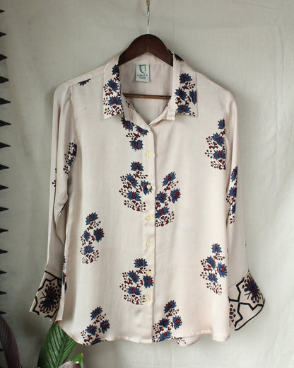 Ajrakh hand-block print Aarini - White Modal Silk Shirt by LabelA