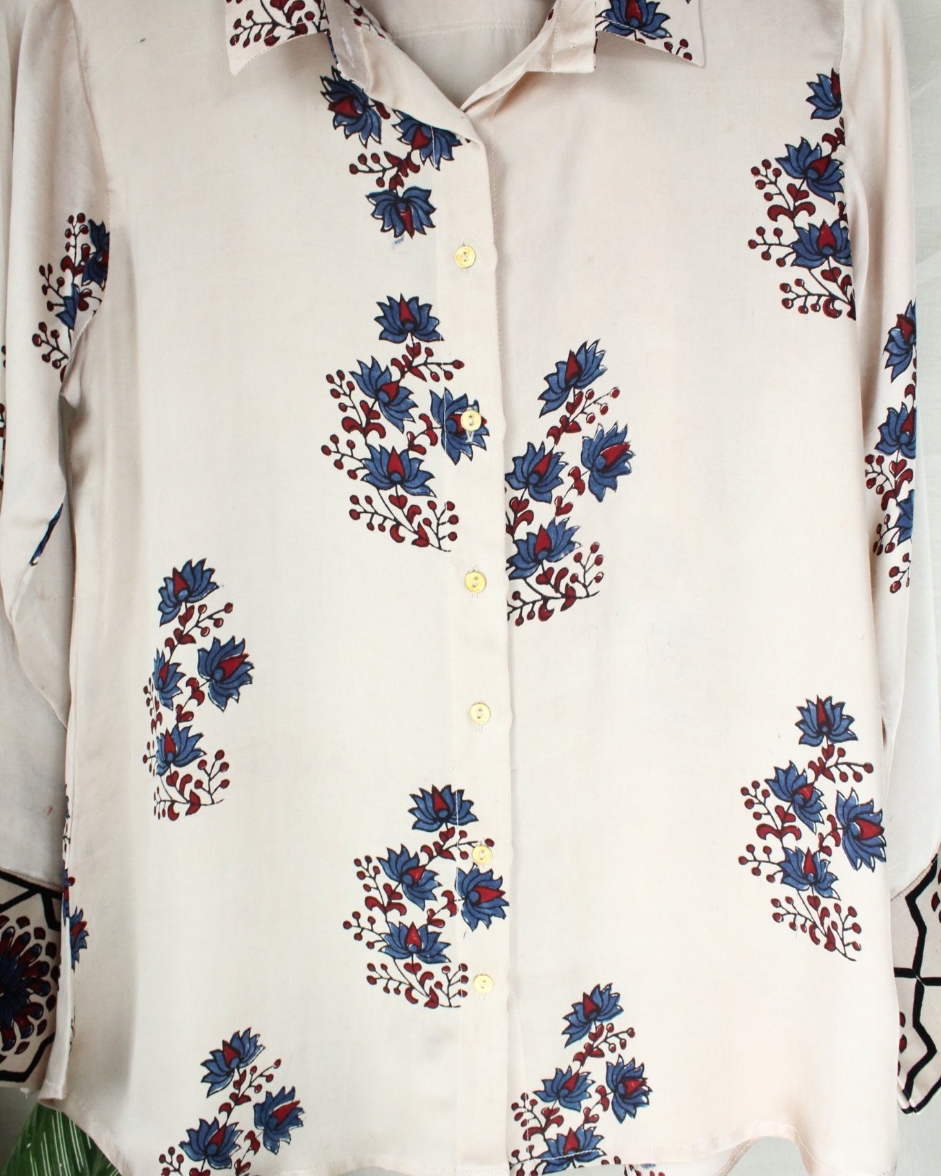 Ajrakh hand-block print Aarini - White Modal Silk Shirt by LabelA