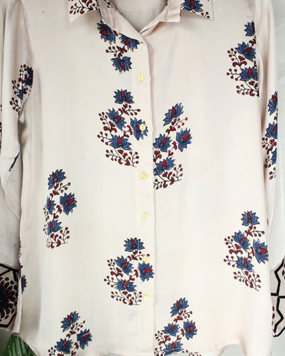 Ajrakh hand-block print Aarini - White Modal Silk Shirt by LabelA