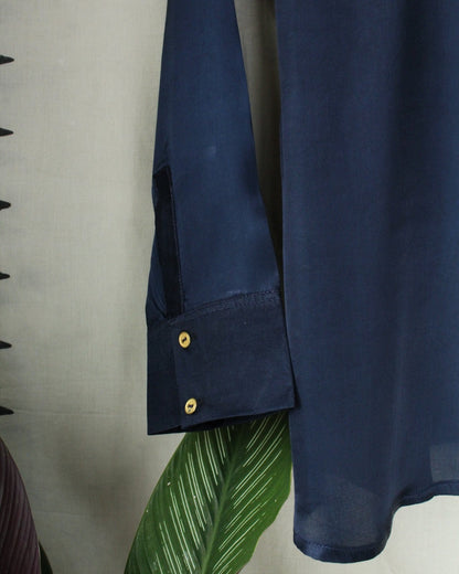 Ajrakh hand-block print Aadyah - Navy Blue Modal Silk Shirt by LabelA