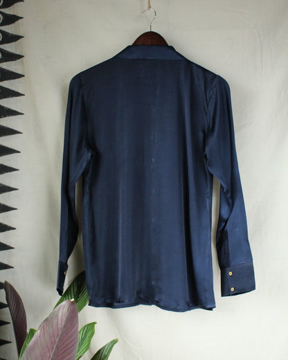 Ajrakh hand-block print Aadyah - Navy Blue Modal Silk Shirt by LabelA