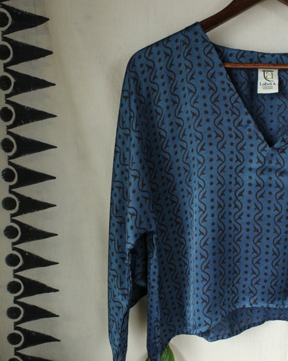 Ajrakh hand-block print Aaritra - Blue Modal Silk Top by LabelA