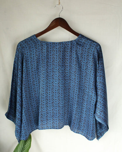 Ajrakh hand-block print Aaritra - Blue Modal Silk Top by LabelA
