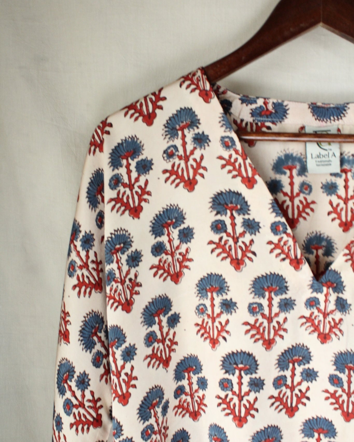 Ajrakh hand-block print Amara - Cream Floral Modal Silk Top by LabelA