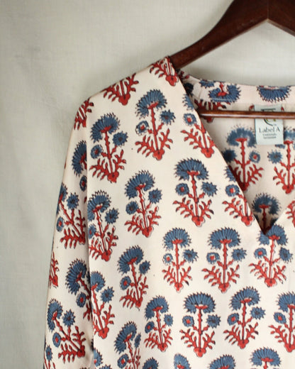 Ajrakh hand-block print Amara - Cream Floral Modal Silk Top by LabelA