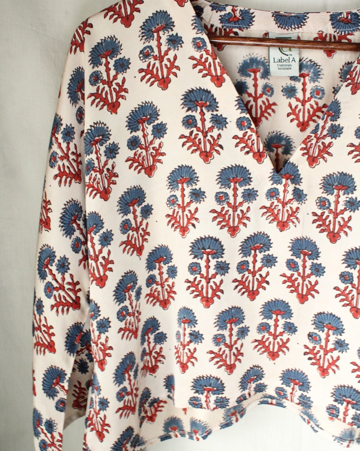 Ajrakh hand-block print Amara - Cream Floral Modal Silk Top by LabelA