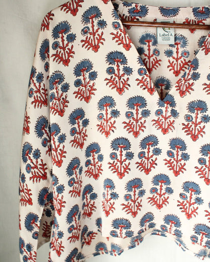 Ajrakh hand-block print Amara - Cream Floral Modal Silk Top by LabelA