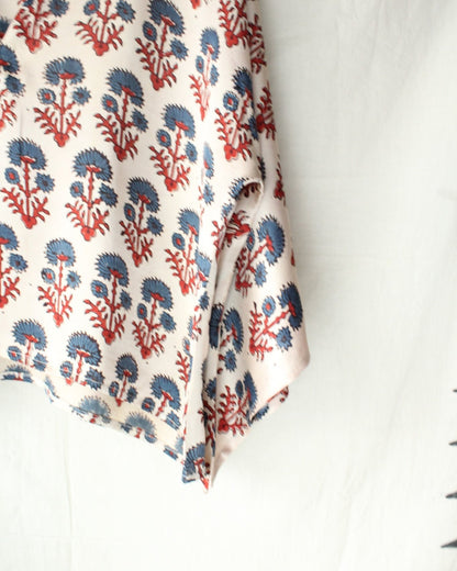 Ajrakh hand-block print Amara - Cream Floral Modal Silk Top by LabelA
