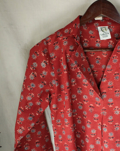 Ajrakh hand-block print Agnika - Red Cotton Pullover Shirt by LabelA