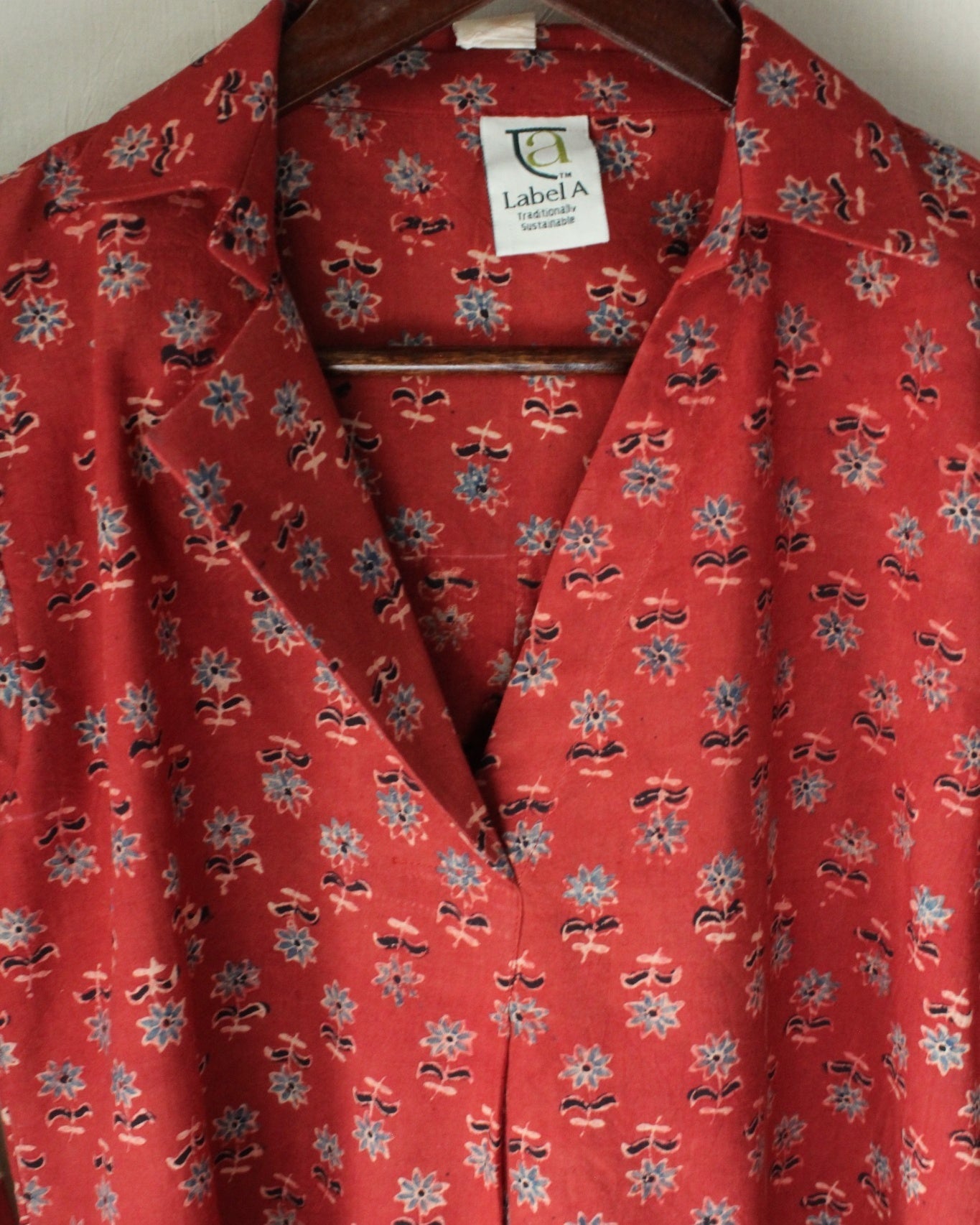 Ajrakh hand-block print Agnika - Red Cotton Pullover Shirt by LabelA